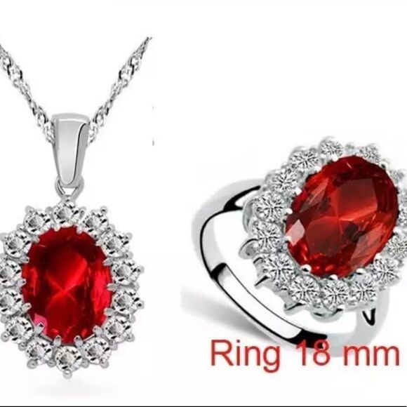 🔴Ruby Red Gemstone  Sterling Silver Plated Crystal Rhinestones Jewelry Set - Picture 3 of 8